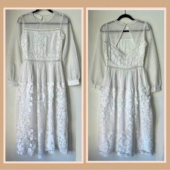 BHLDN NWOT Eyelet Lace Dress Edina Anthropologie 6 White Sheer Midi Tea Length - Picture 10 of 13